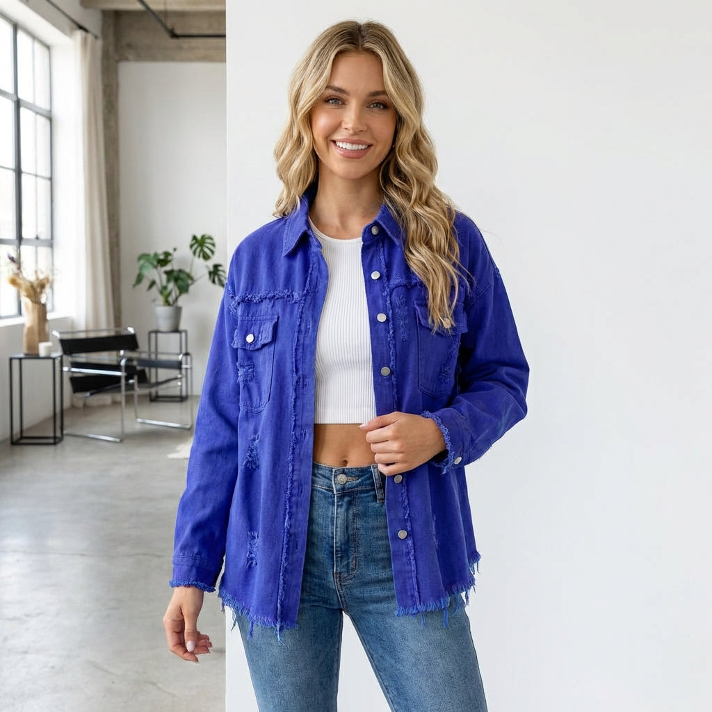 Women's Oversized Ripped Shacket – Casual Distressed Shirt Jacket for Fall & Spring