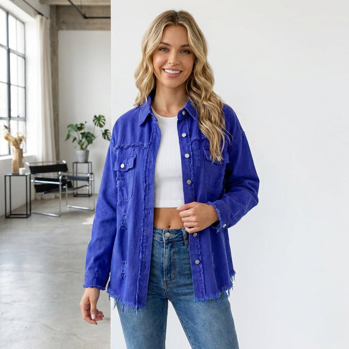 Women's Oversized Ripped Shacket – Casual Distressed Shirt Jacket for Fall & Spring
