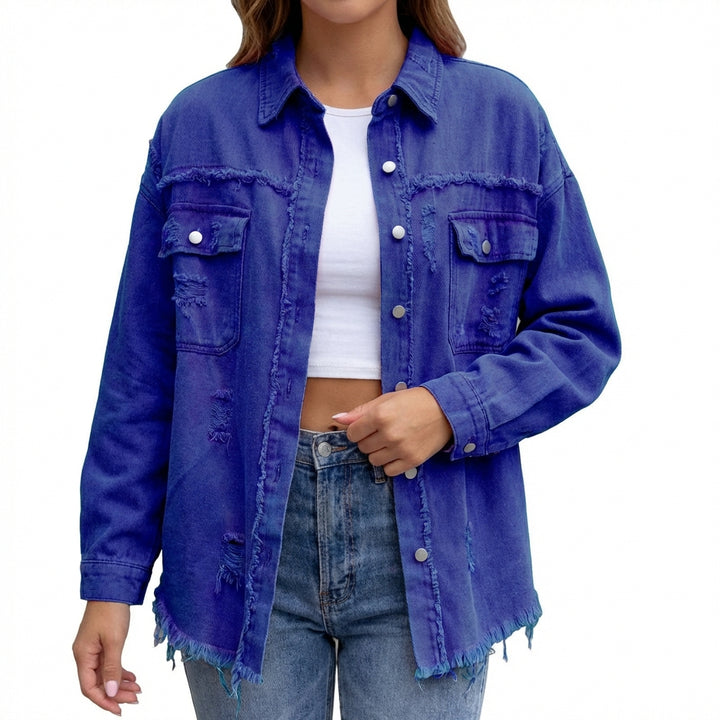 Women's Oversized Ripped Shacket – Casual Distressed Shirt Jacket for Fall & Spring