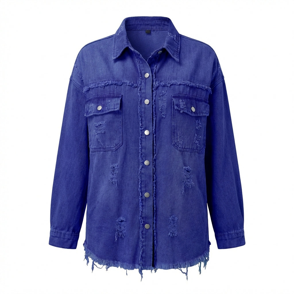 Women's Oversized Ripped Shacket – Casual Distressed Shirt Jacket for Fall & Spring