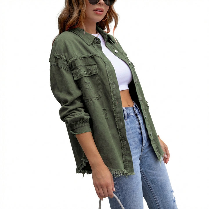 Women's Oversized Ripped Shacket – Casual Distressed Shirt Jacket for Fall & Spring