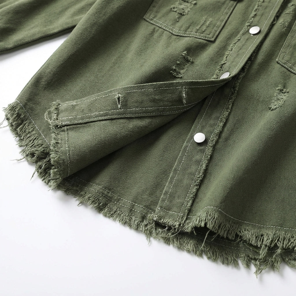 Women's Oversized Ripped Shacket – Casual Distressed Shirt Jacket for Fall & Spring