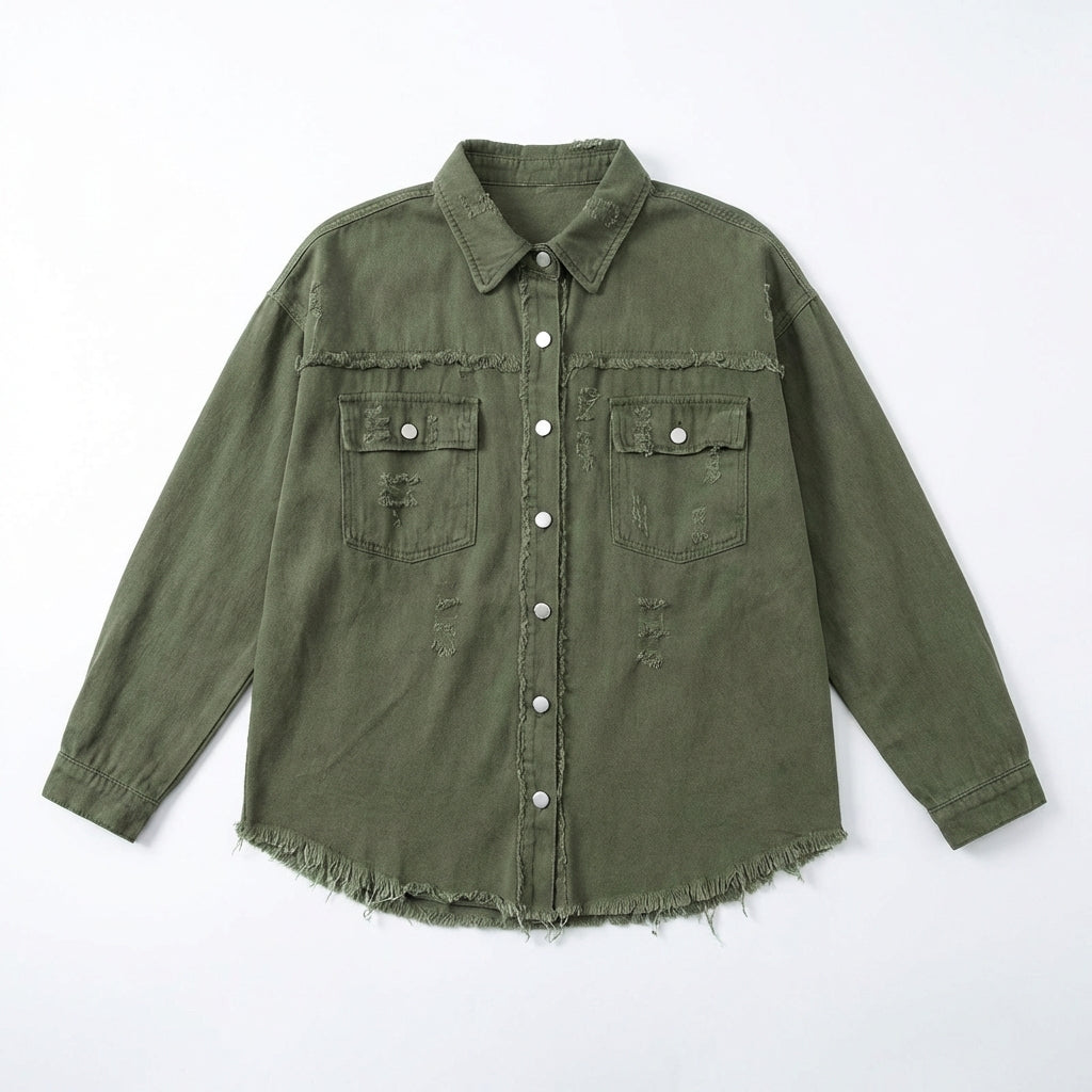 Women's Oversized Ripped Shacket – Casual Distressed Shirt Jacket for Fall & Spring