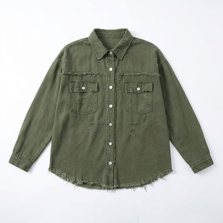 Women's Oversized Ripped Shacket – Casual Distressed Shirt Jacket for Fall & Spring