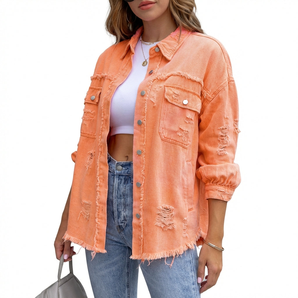 Women's Oversized Ripped Shacket – Casual Distressed Shirt Jacket for Fall & Spring