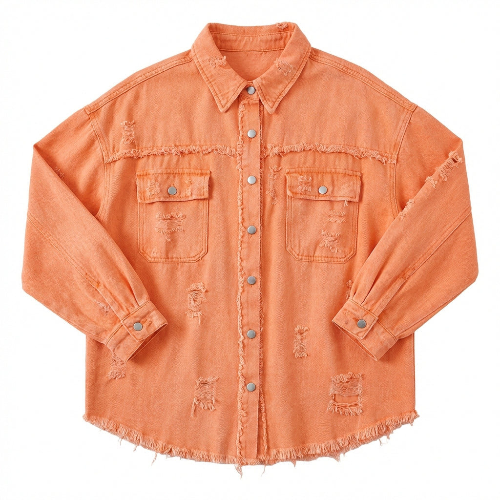 Women's Oversized Ripped Shacket – Casual Distressed Shirt Jacket for Fall & Spring