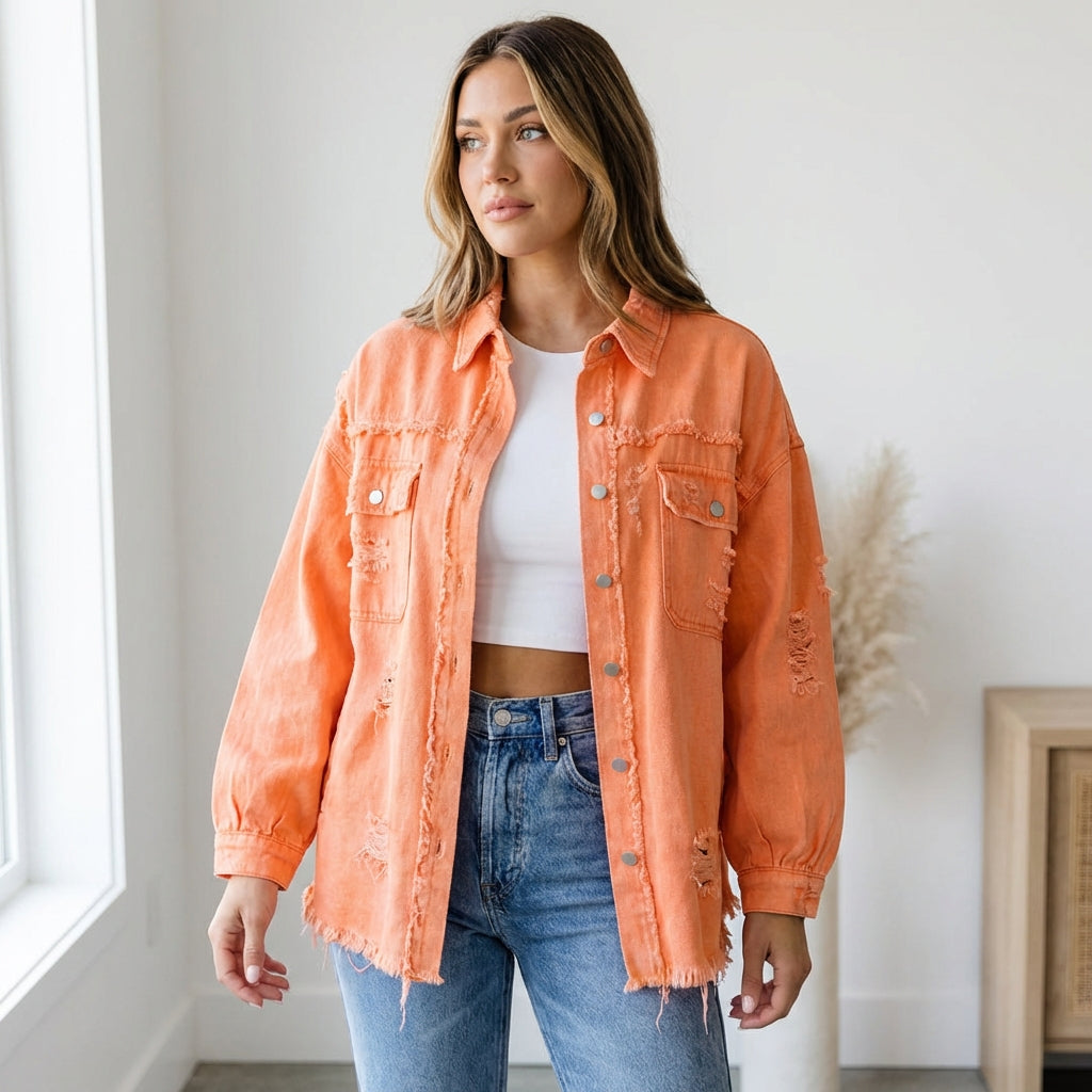 Women's Oversized Ripped Shacket – Casual Distressed Shirt Jacket for Fall & Spring