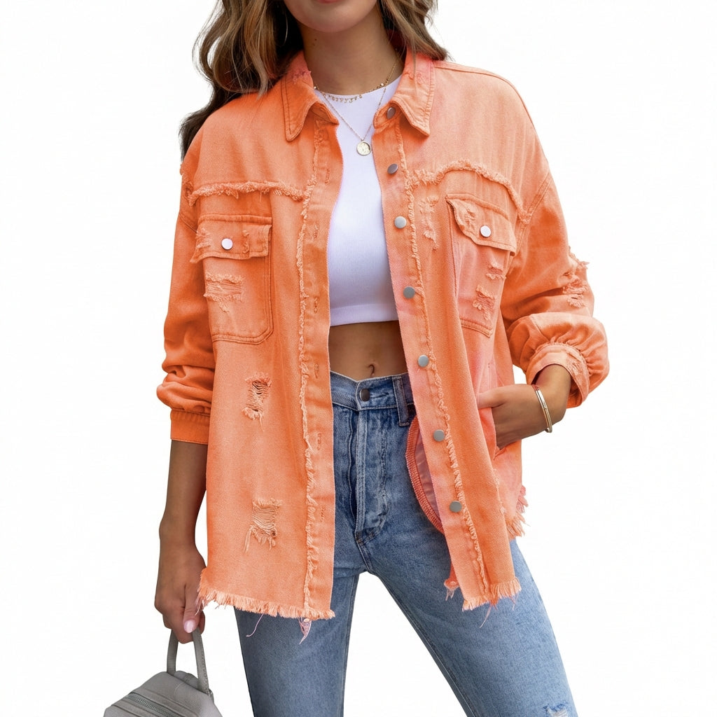 Women's Oversized Ripped Shacket – Casual Distressed Shirt Jacket for Fall & Spring