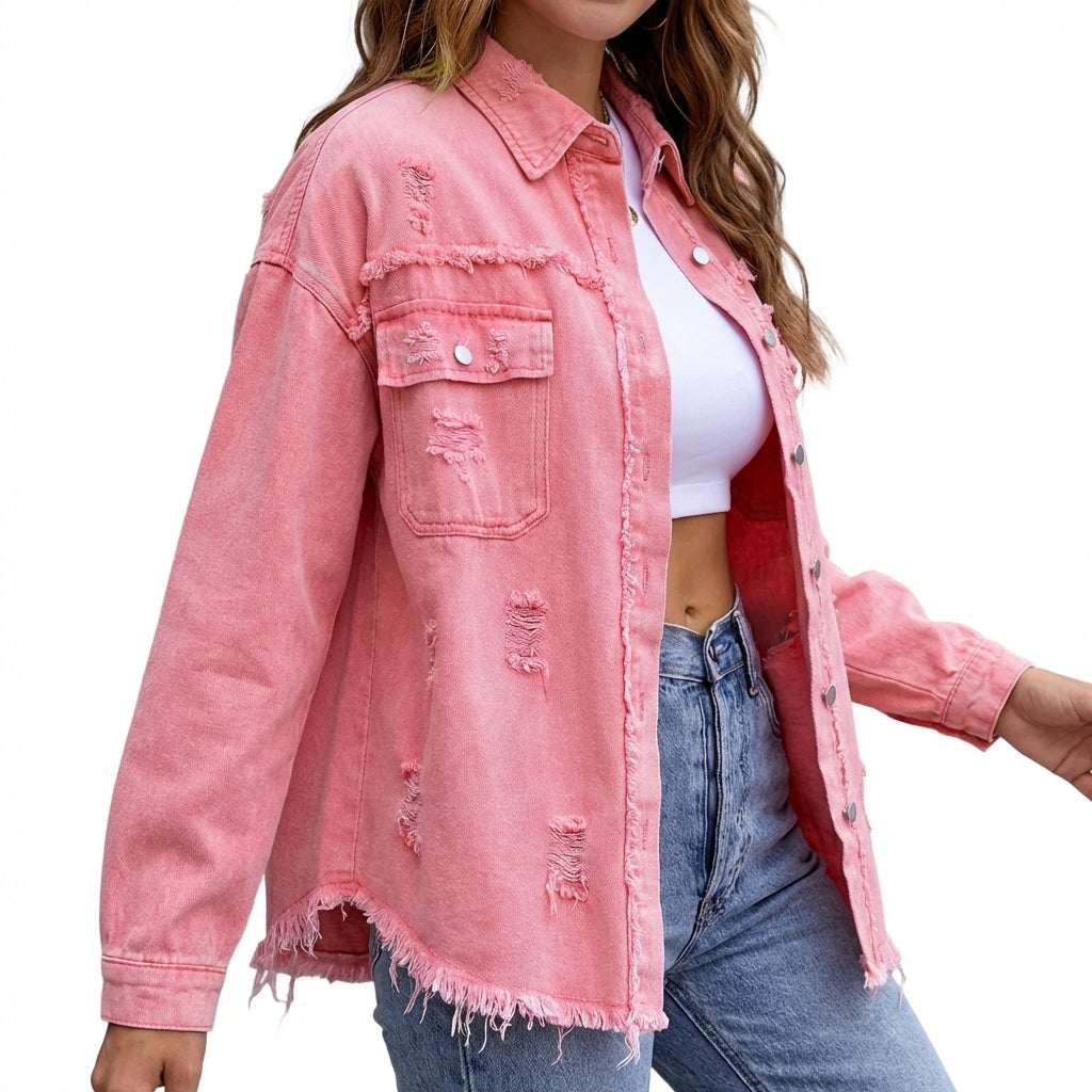 Women's Oversized Ripped Shacket – Casual Distressed Shirt Jacket for Fall & Spring