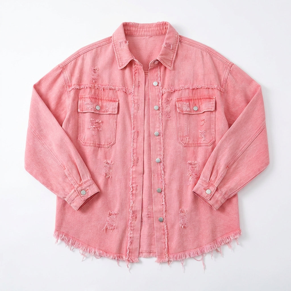 Women's Oversized Ripped Shacket – Casual Distressed Shirt Jacket for Fall & Spring
