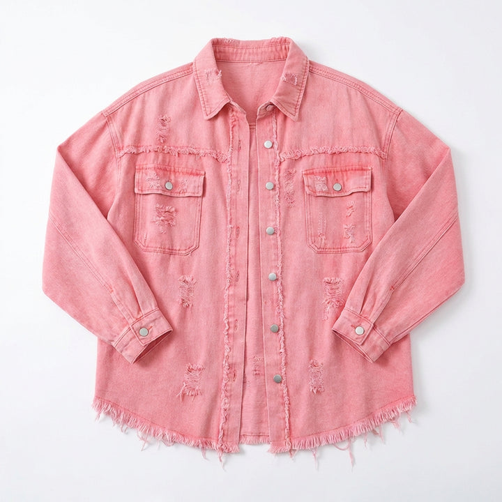 Women's Oversized Ripped Shacket – Casual Distressed Shirt Jacket for Fall & Spring