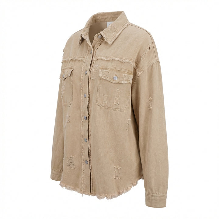 Women's Oversized Ripped Shacket – Casual Distressed Shirt Jacket for Fall & Spring
