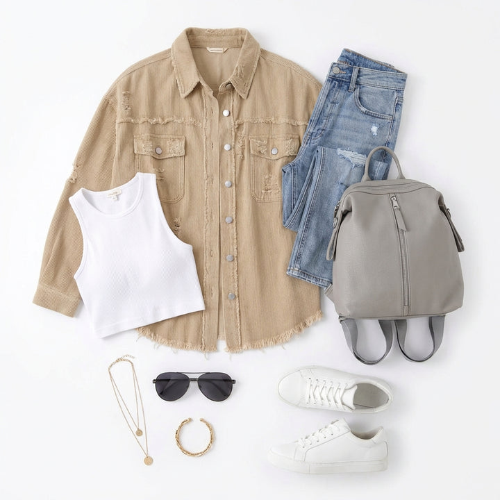 Women's Oversized Ripped Shacket – Casual Distressed Shirt Jacket for Fall & Spring