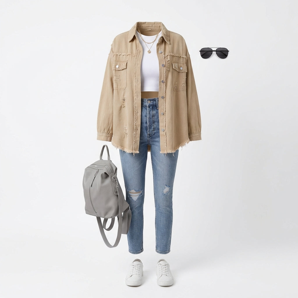 Women's Oversized Ripped Shacket – Casual Distressed Shirt Jacket for Fall & Spring