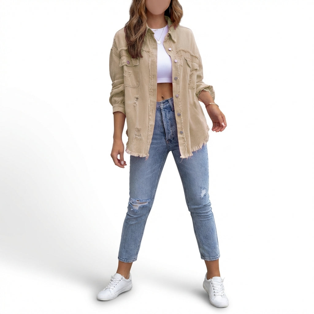 Women's Oversized Ripped Shacket – Casual Distressed Shirt Jacket for Fall & Spring