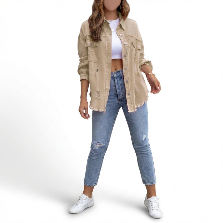 Women's Oversized Ripped Shacket – Casual Distressed Shirt Jacket for Fall & Spring