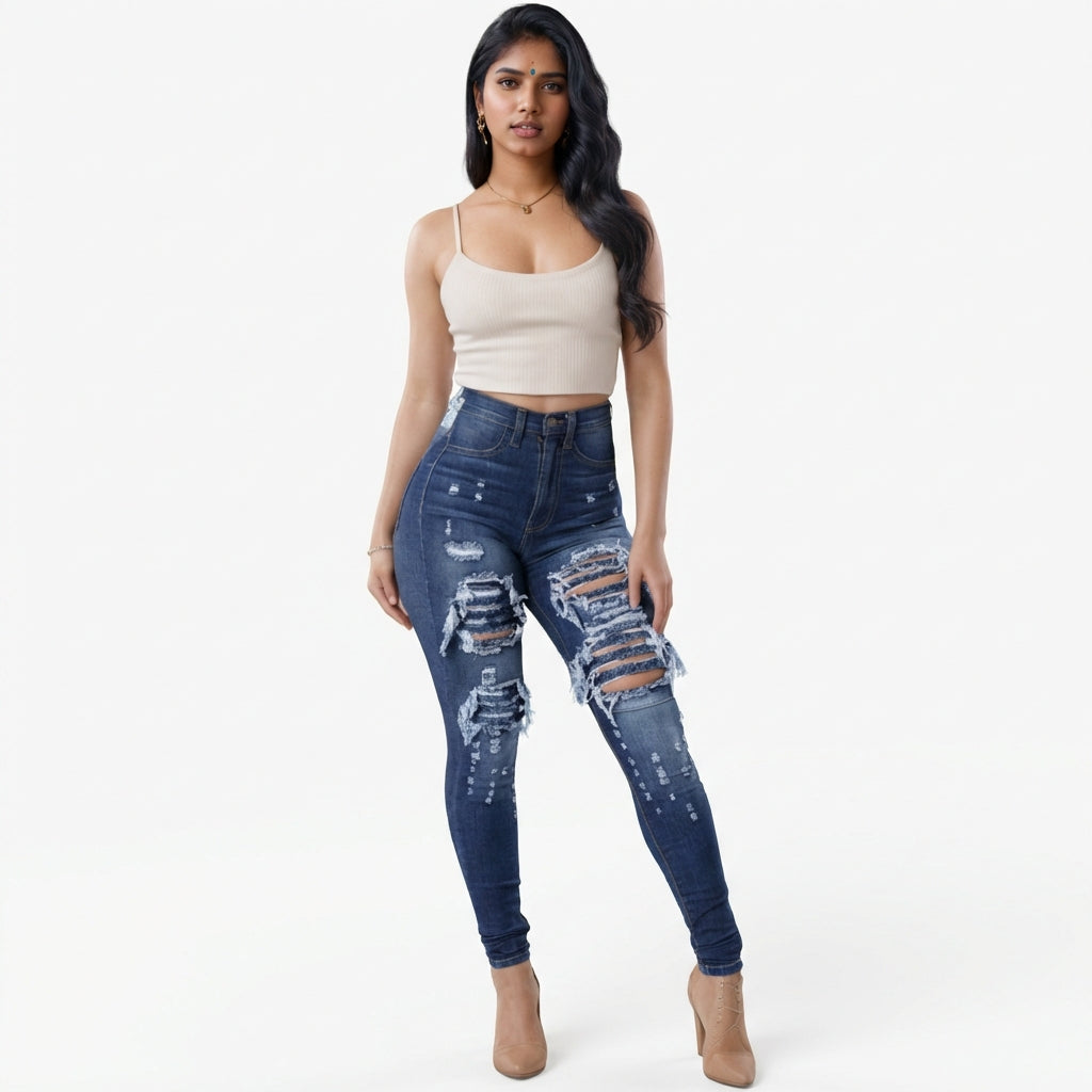 Women’s High-Waisted Stretch Ripped Skinny Jeans – Sculpting Slim Fit