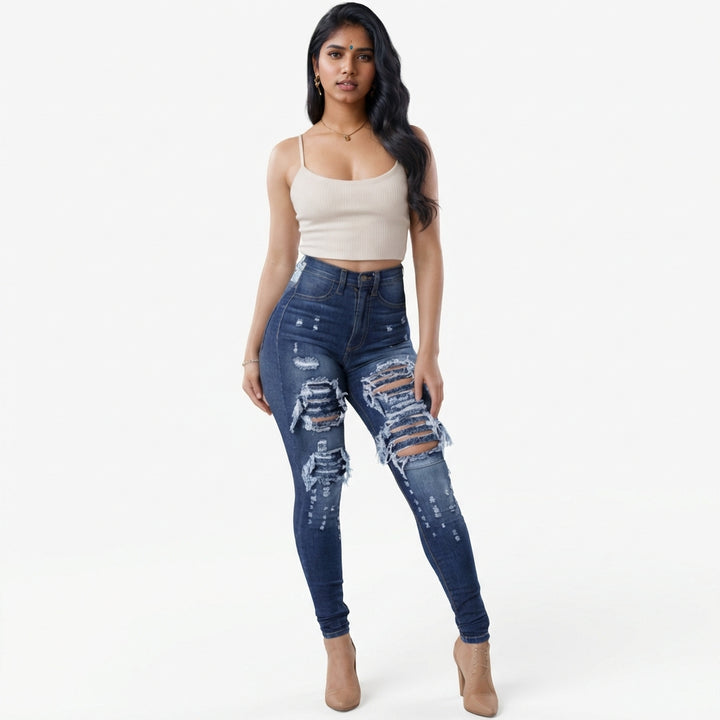 Women’s High-Waisted Stretch Ripped Skinny Jeans – Sculpting Slim Fit