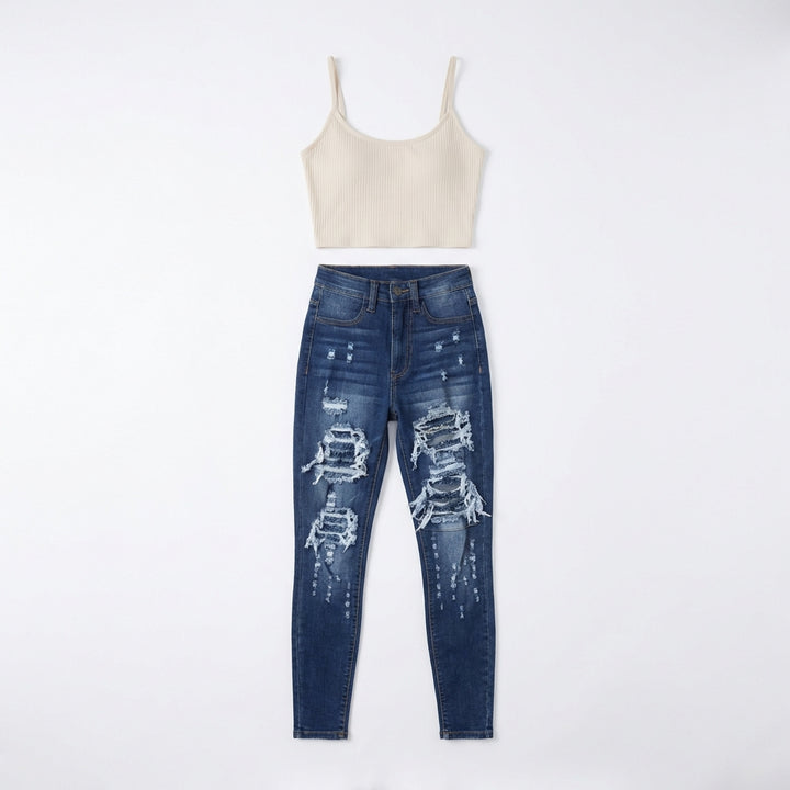 Women’s High-Waisted Stretch Ripped Skinny Jeans – Sculpting Slim Fit