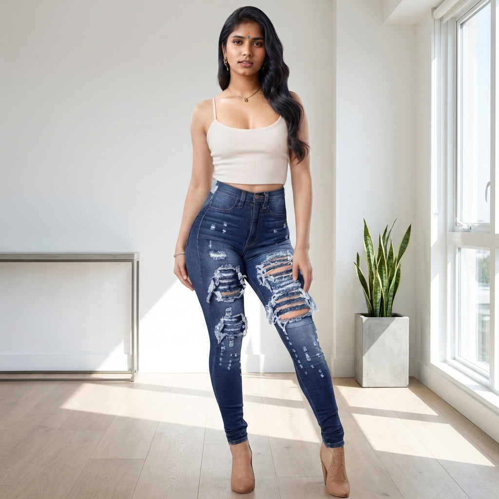 Women’s High-Waisted Stretch Ripped Skinny Jeans – Sculpting Slim Fit