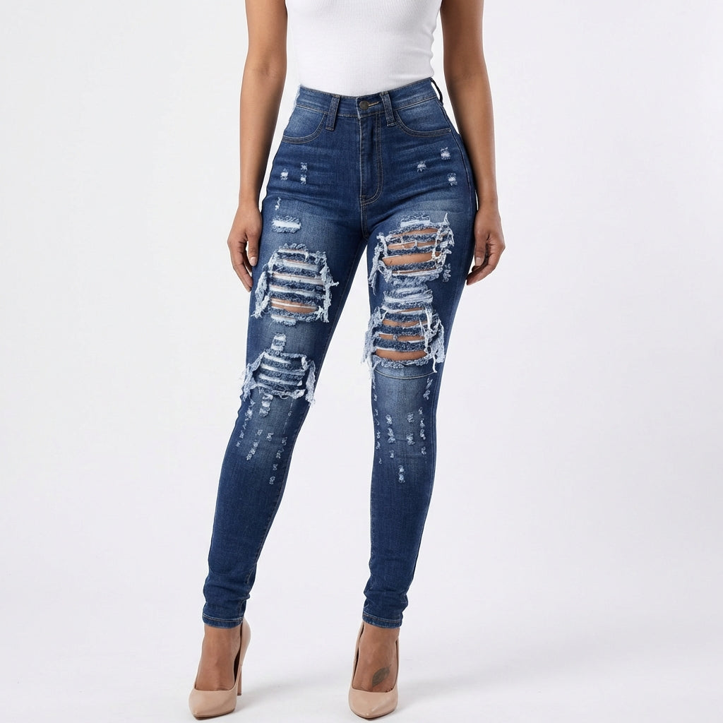 Women’s High-Waisted Stretch Ripped Skinny Jeans – Sculpting Slim Fit