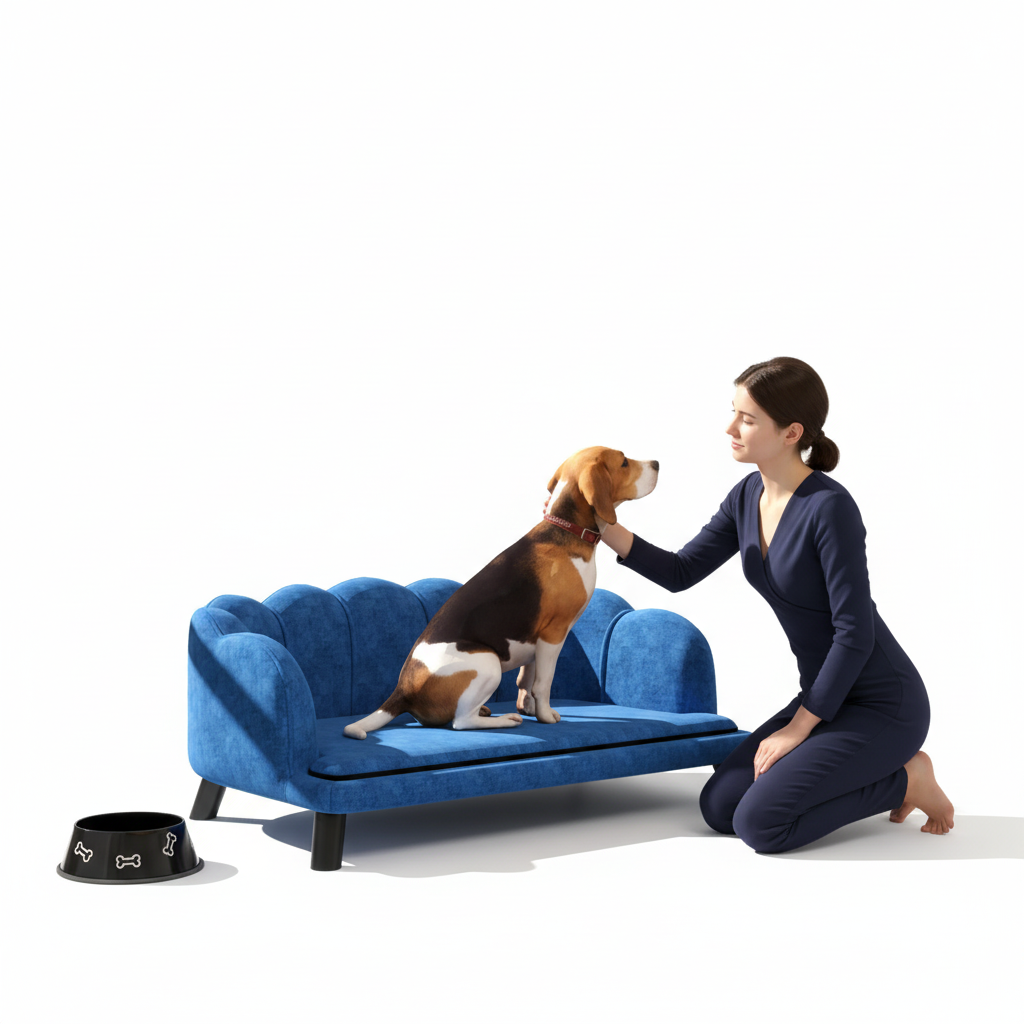 Pearl Design Pet Sofa for Medium and Large Sized Dogs, Pet Bed with Cushion and Solid Wood Legs, Dark Blue