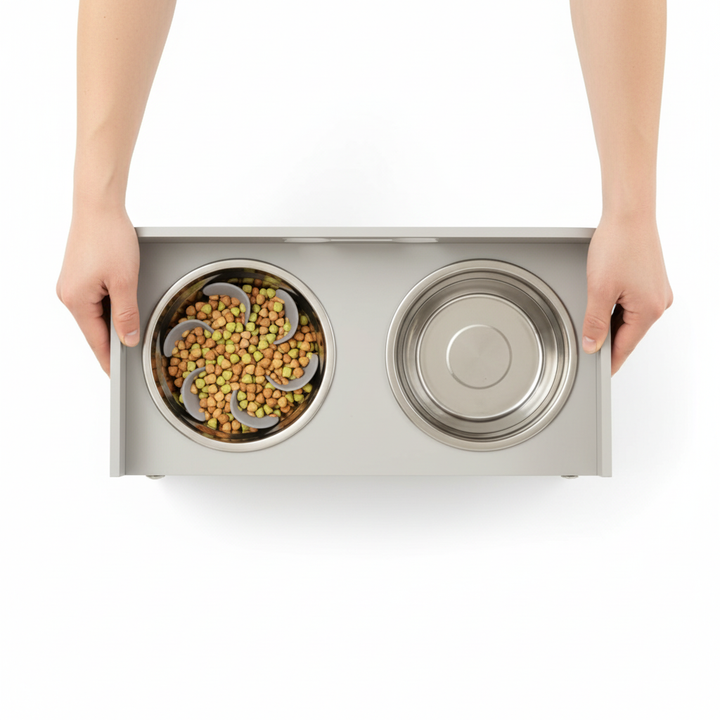 Elevated Dog Bowls with Dual Stainless Steel Bowls & Removable Slow Feeder