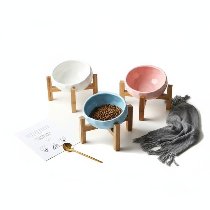 Elevated Tilted Pet Bowl – Cat &amp; Dog Feeding Bowl with Wooden Stand