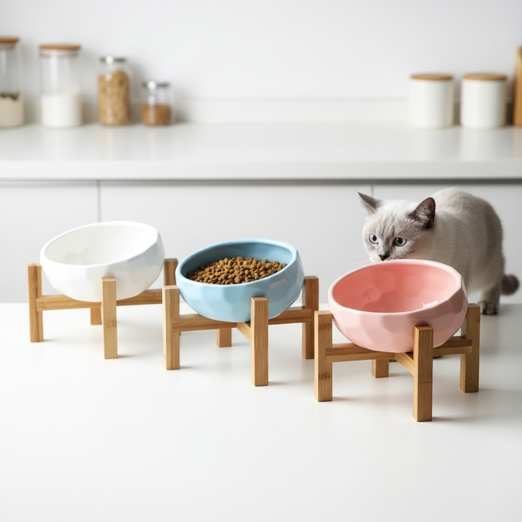 Elevated Tilted Pet Bowl – Cat &amp; Dog Feeding Bowl with Wooden Stand