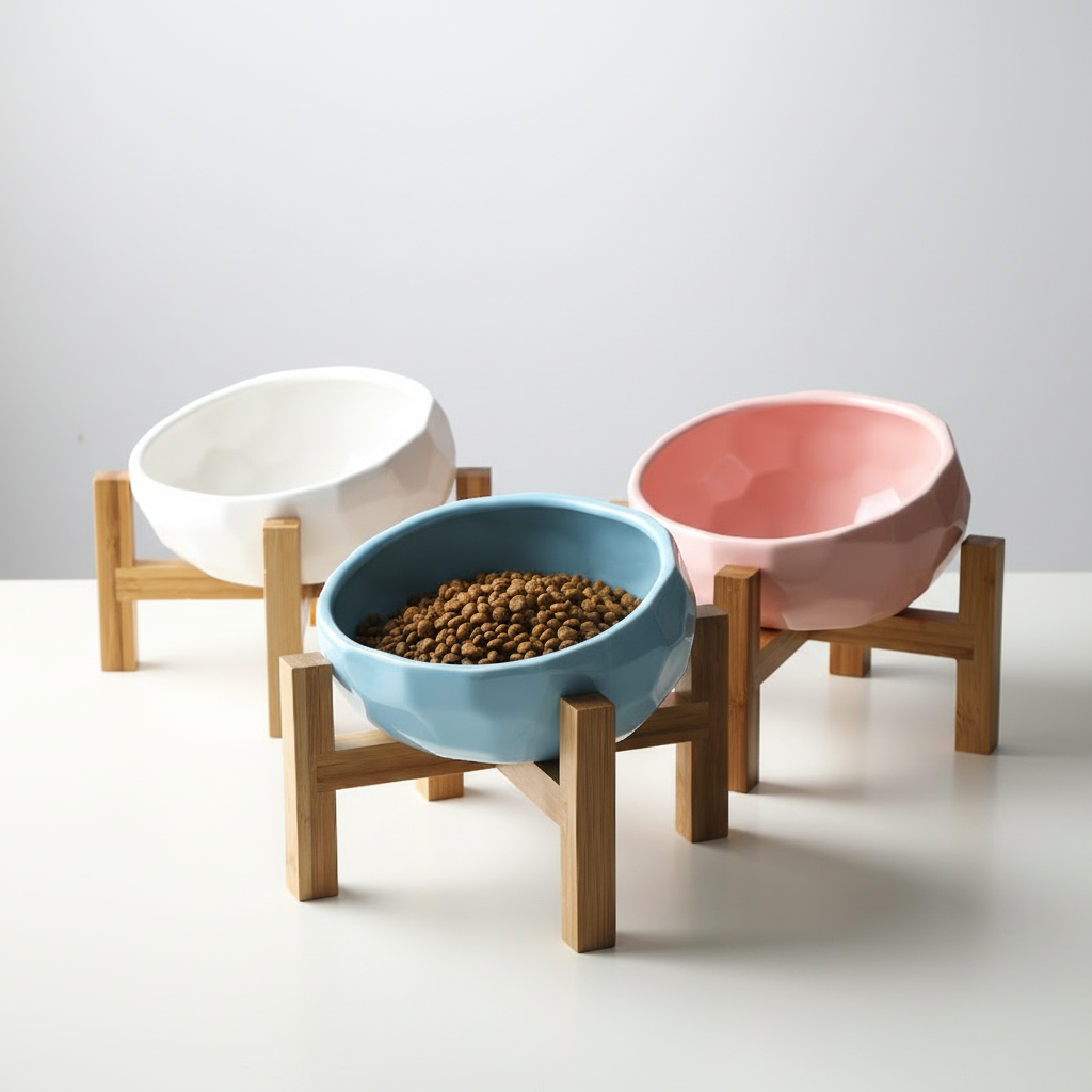 Elevated Tilted Pet Bowl – Cat &amp; Dog Feeding Bowl with Wooden Stand
