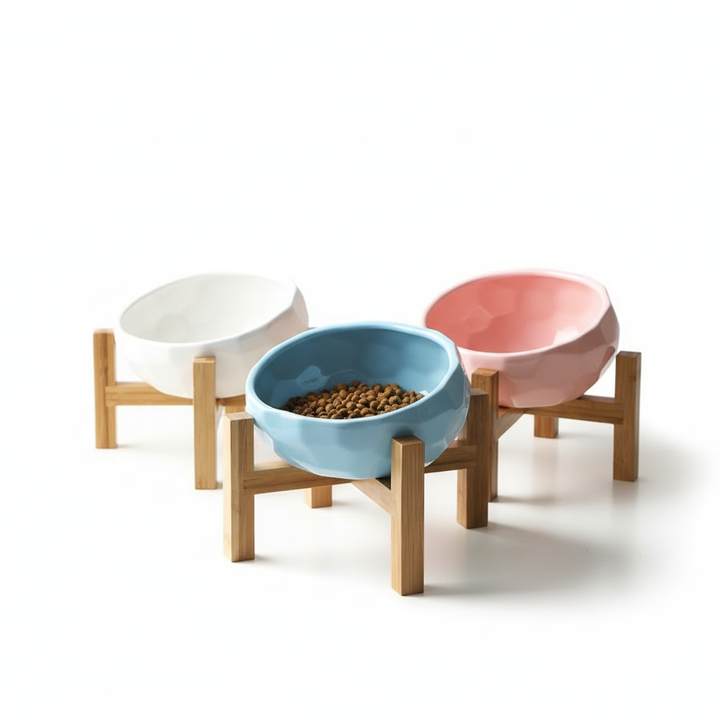 Elevated Tilted Pet Bowl – Cat &amp; Dog Feeding Bowl with Wooden Stand