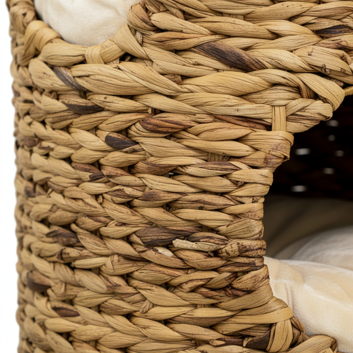 Elevated Cat Bed with Three Hideaways & Four Soft Plush Cushions, Cat Tower with Hand-Woven Materials, Multi-Layer Raised Kitten Bed Caves