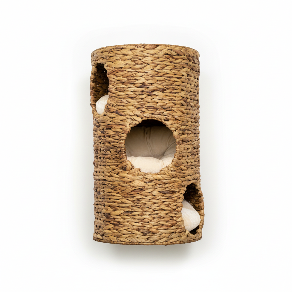 Elevated Cat Bed with Three Hideaways & Four Soft Plush Cushions, Cat Tower with Hand-Woven Materials, Multi-Layer Raised Kitten Bed Caves
