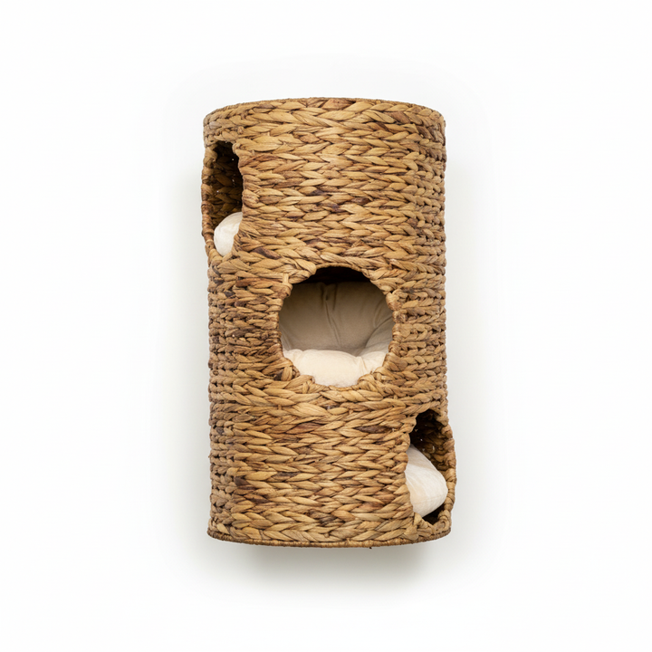 Elevated Cat Bed with Three Hideaways & Four Soft Plush Cushions, Cat Tower with Hand-Woven Materials, Multi-Layer Raised Kitten Bed Caves