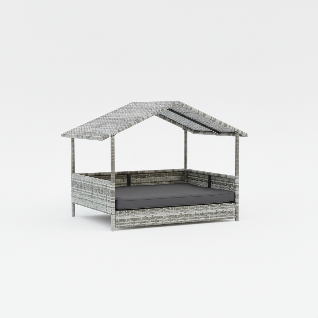 Wicker Dog House Elevated Raised Rattan Bed with Removable Cushion Lounge, Charcoal Gray