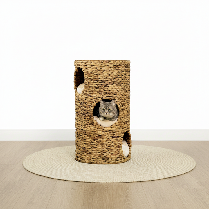 Elevated Cat Bed with Three Hideaways & Four Soft Plush Cushions, Cat Tower with Hand-Woven Materials, Multi-Layer Raised Kitten Bed Caves