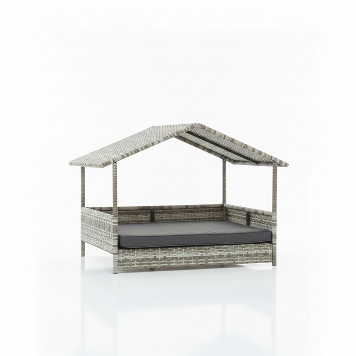Wicker Dog House Elevated Raised Rattan Bed with Removable Cushion Lounge, Charcoal Gray