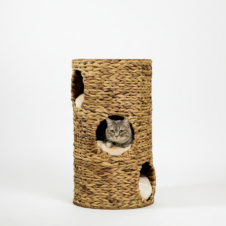 Elevated Cat Bed with Three Hideaways & Four Soft Plush Cushions, Cat Tower with Hand-Woven Materials, Multi-Layer Raised Kitten Bed Caves