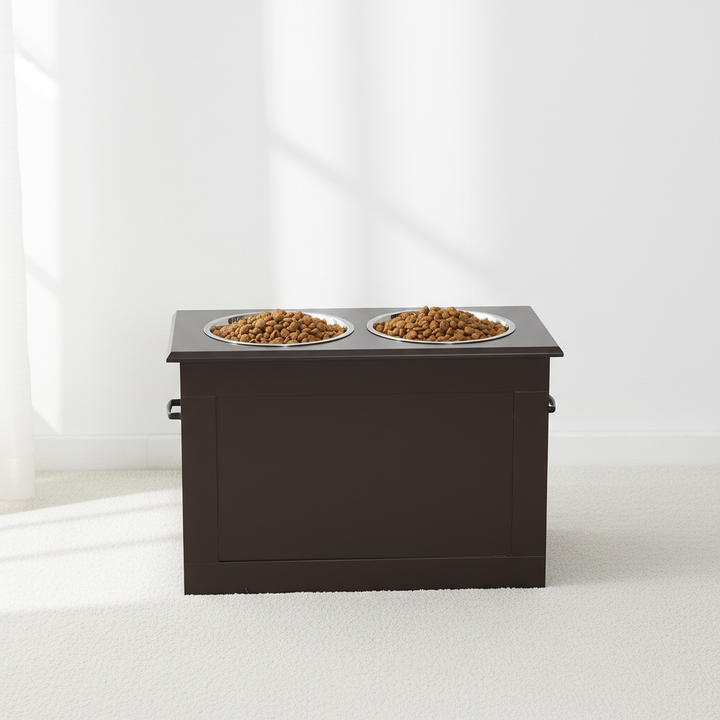 Raised Pet Feeding Storage Station with 2 Stainless Steel Bowls Base for Large Dogs and Other Large Pets, Coffee