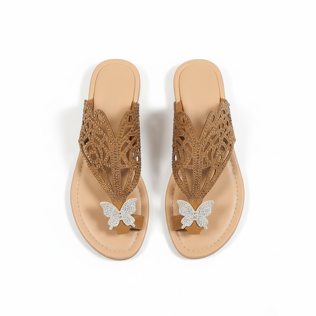 Slip-on Flip-toe Sandals Women's Rhinestone Hollow Flat-heeled Slippers