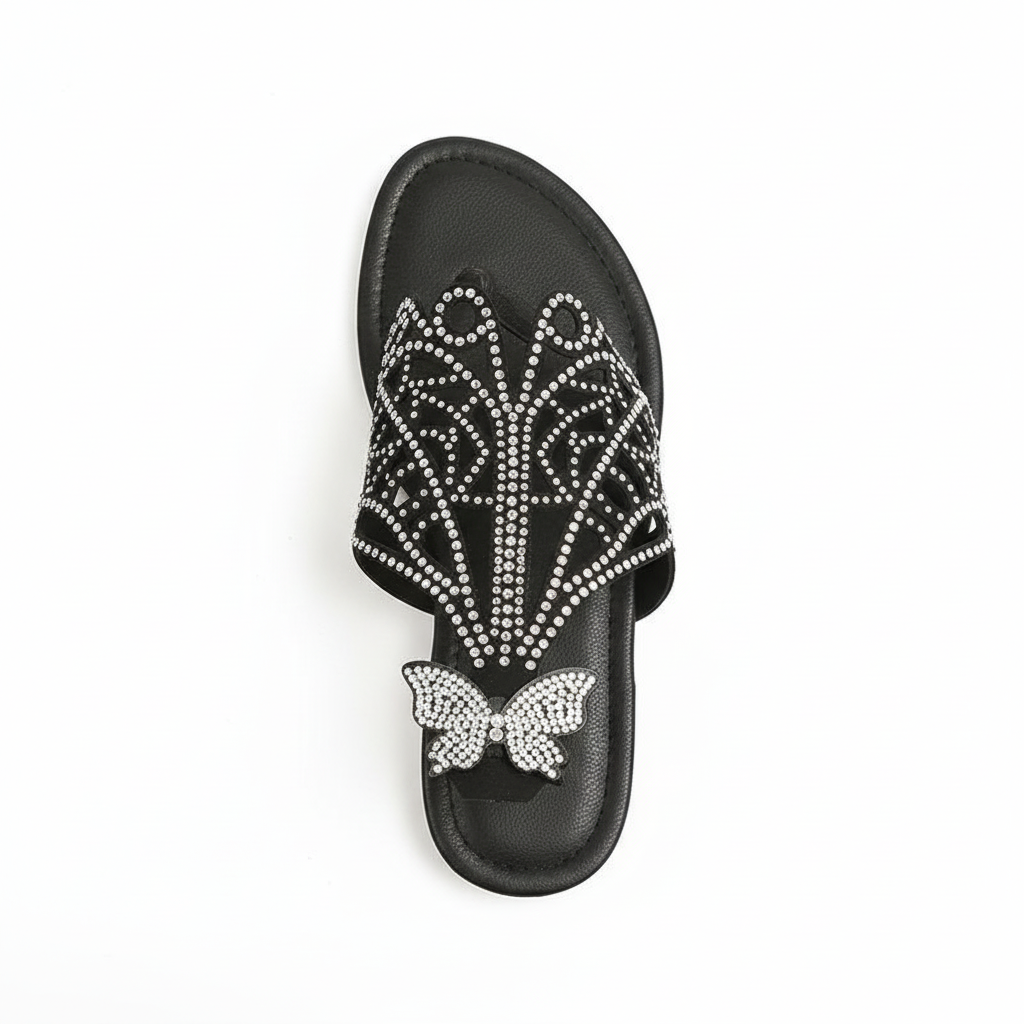 Slip-on Flip-toe Sandals Women's Rhinestone Hollow Flat-heeled Slippers