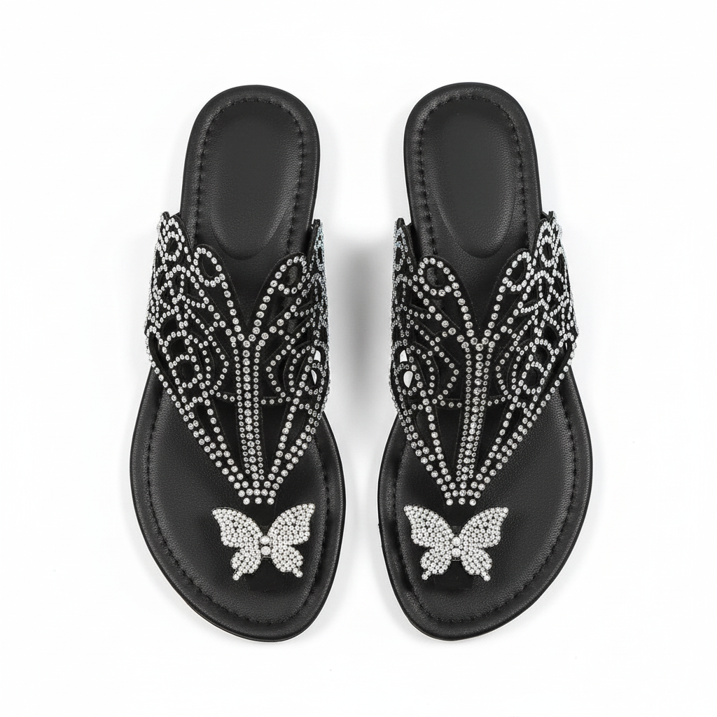 Slip-on Flip-toe Sandals Women's Rhinestone Hollow Flat-heeled Slippers