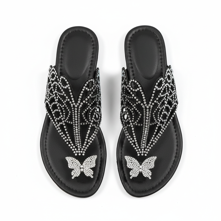 Slip-on Flip-toe Sandals Women's Rhinestone Hollow Flat-heeled Slippers