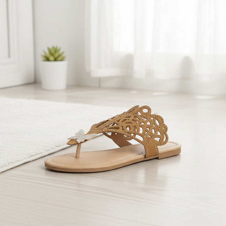 Slip-on Flip-toe Sandals Women's Rhinestone Hollow Flat-heeled Slippers