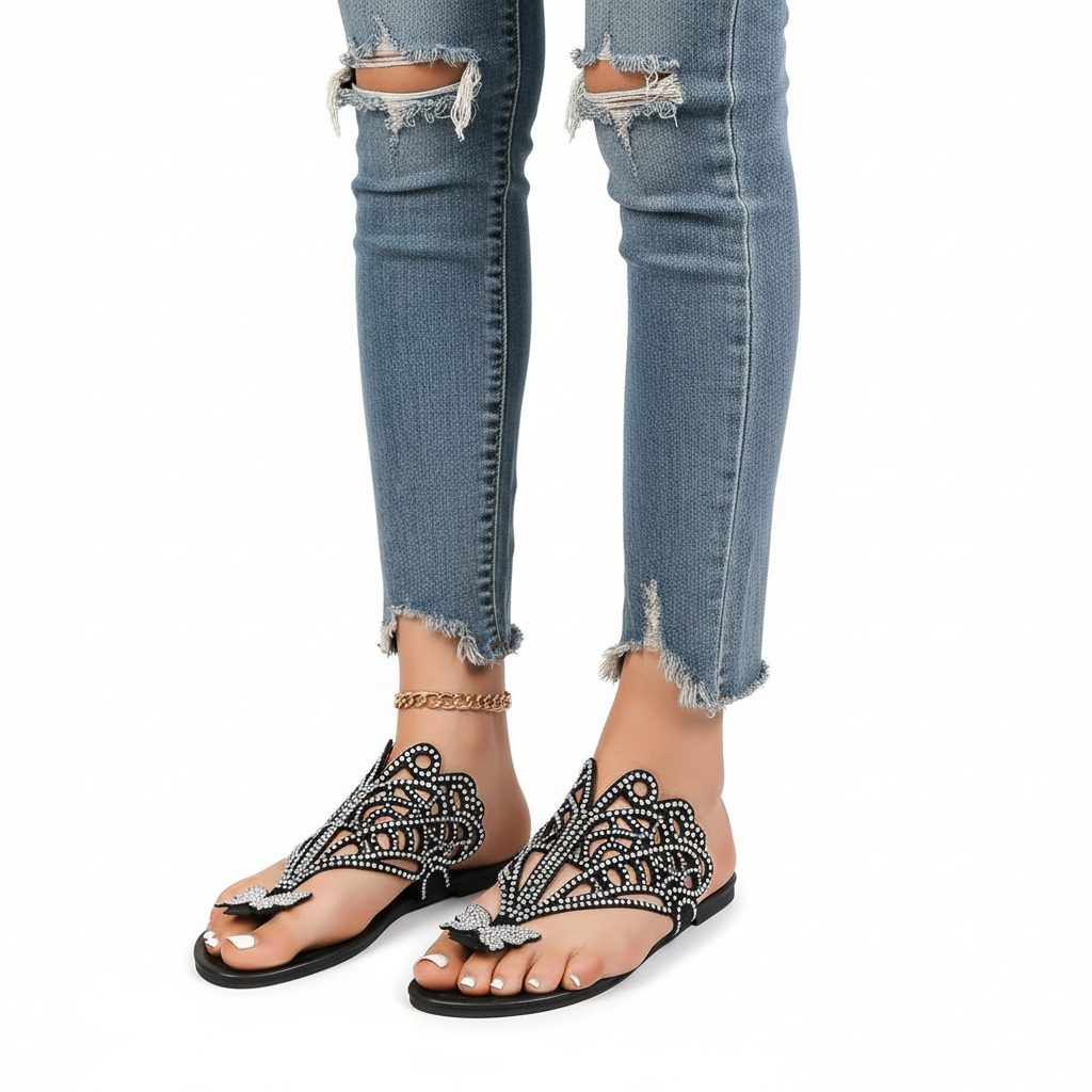 Slip-on Flip-toe Sandals Women's Rhinestone Hollow Flat-heeled Slippers