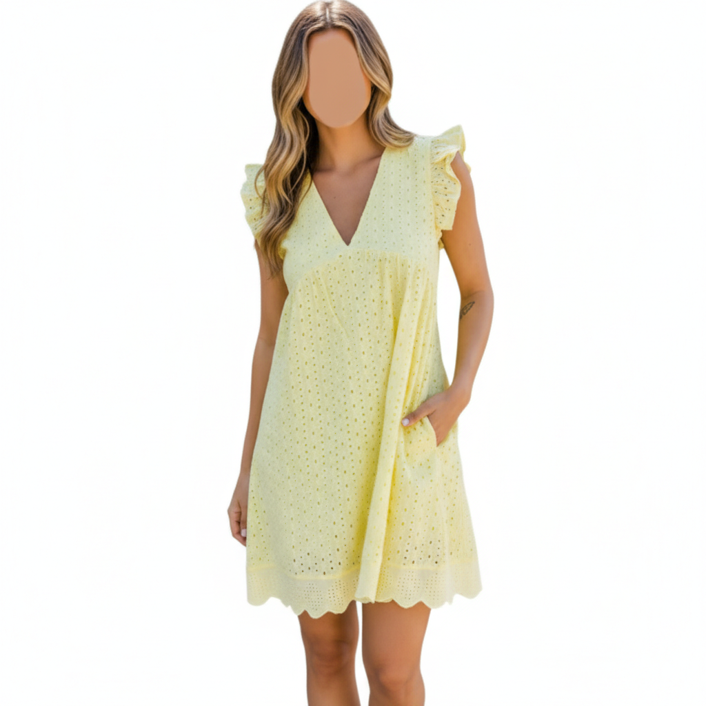 Lace Dresses With Pocket Summer Sleeveless Jacquard Cutout V-Neck Beach Dress