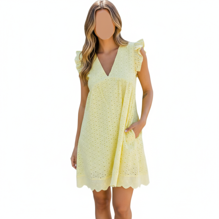 Lace Dresses With Pocket Summer Sleeveless Jacquard Cutout V-Neck Beach Dress