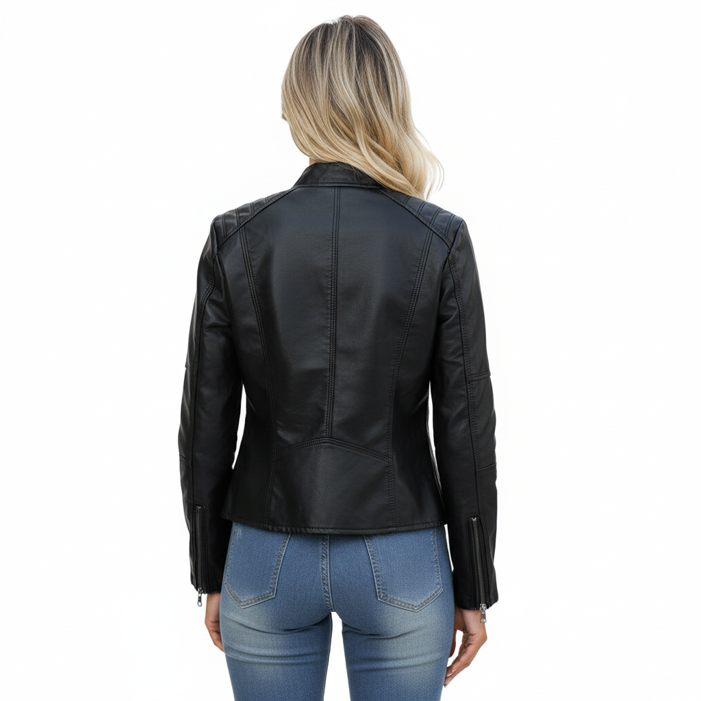 Women's Zip-up Leather Jackets Fashion Solid Color Pockets Stand Collar Top Outwear Clothing