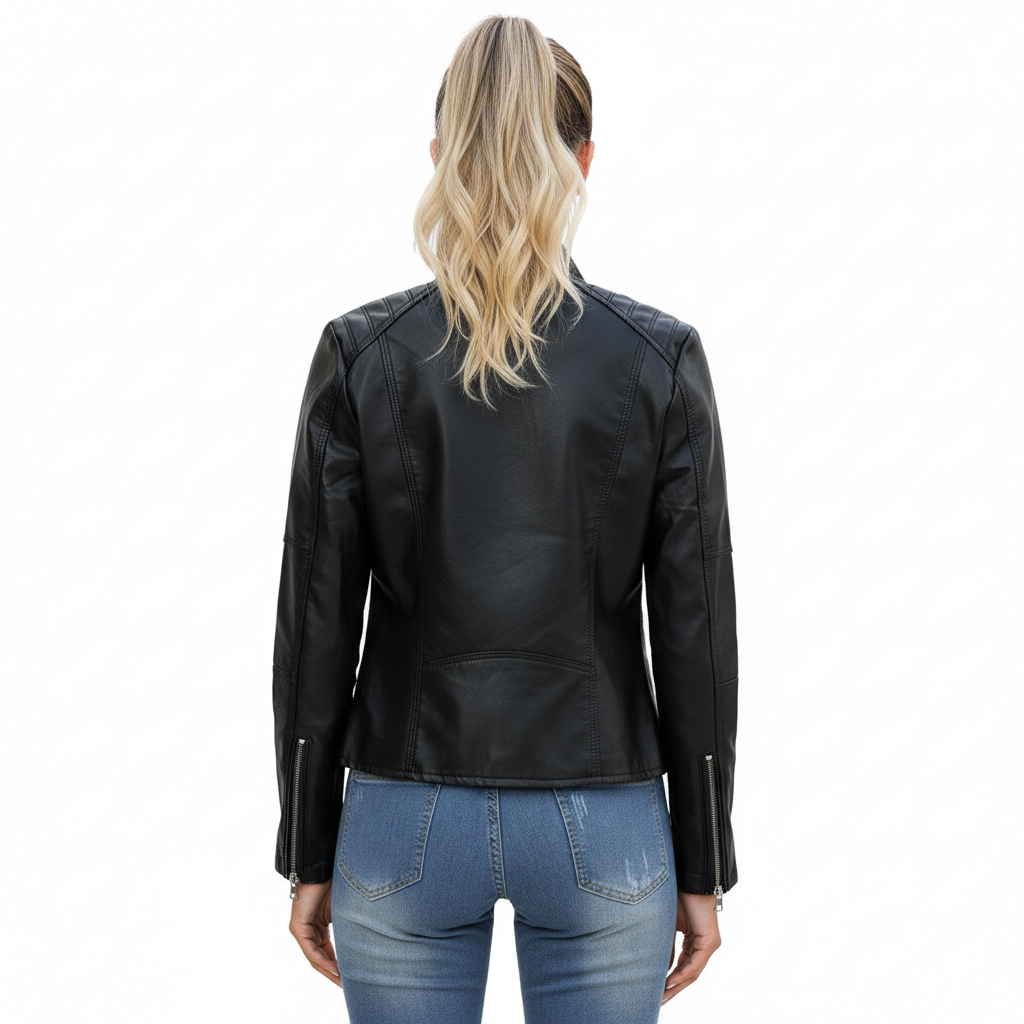 Women's Zip-up Leather Jackets Fashion Solid Color Pockets Stand Collar Top Outwear Clothing