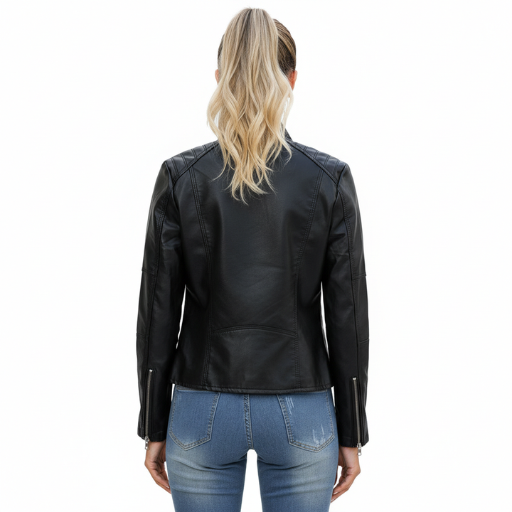 Women's Zip-up Leather Jackets Fashion Solid Color Pockets Stand Collar Top Outwear Clothing